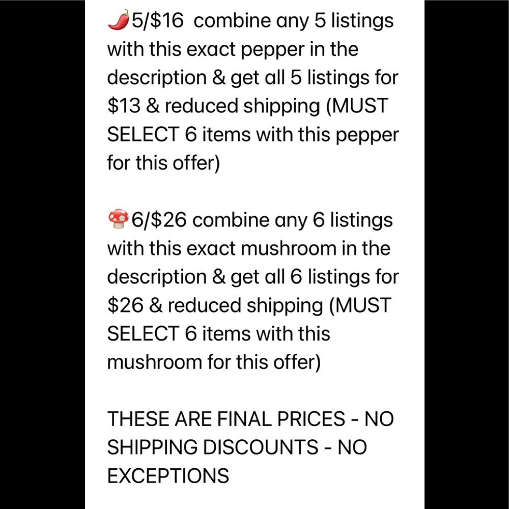 🌶5/$16 / 🍄6/$26 plus reduced shipping